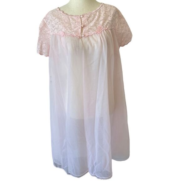 Vintage Warners Pastel Pink Lace and Chiffon Sheer Nightie Chemise Cover Up - Picture 1 of 8